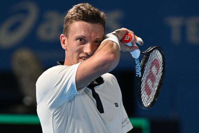 Czech Republic's Jiri Lehecka reacts after a point against Spain's Carlos Alcaraz in the men's singles final during the Japan Open tennis tournament at the Ariake Tennis Forest Park in Tokyo on October 6, 2026. (Photo by Rie KIKUCHI / AFP)
