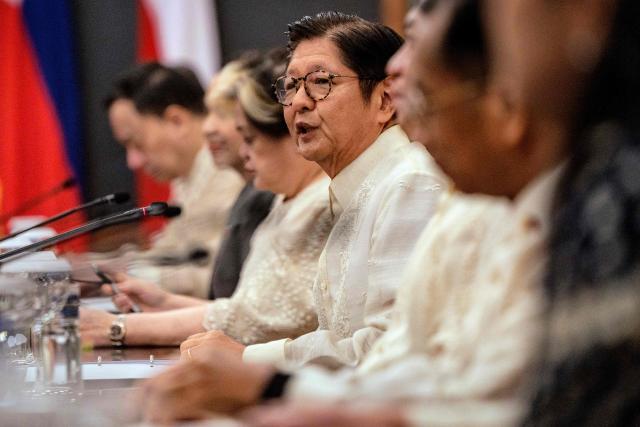 Philippines President Ferdinand Marcos Jr (C) speaks during a bilateral meeting with Polish President Karol Nawrocki at Malacanang Palace in Manila on October 6, 2026. (Photo by Ezra Acayan / POOL / AFP)
