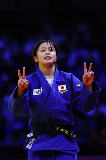 Japan's Akari Omori reacts after winning the women's under 57 kg category gold medal bout at the World Judo Championships in Baku on October 6, 2026. (Photo by Anne-Christine POUJOULAT / AFP)