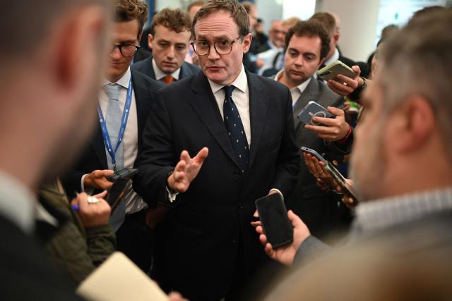 Britain's main opposition Conservative Party Shadow Foreign Secretary Tom Tugendhat speaks to members of the media on day three of the annual Conservative Party conference in Birmingham, central England, on October 6, 2026.  (Photo by Oli SCARFF / AFP)