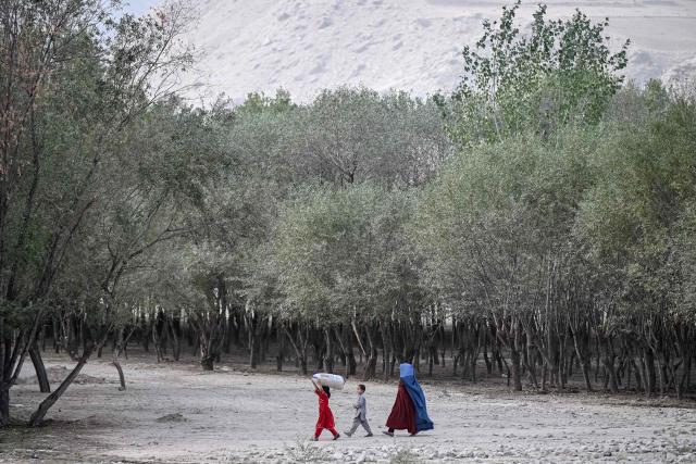 An Afghan burqa-clad woman, along with children, walks across a field on the outskirts of the Fayzabad district in Afghanistan's Badakhshan province on October 6, 2026. (Photo by Omer ABRAR / AFP)