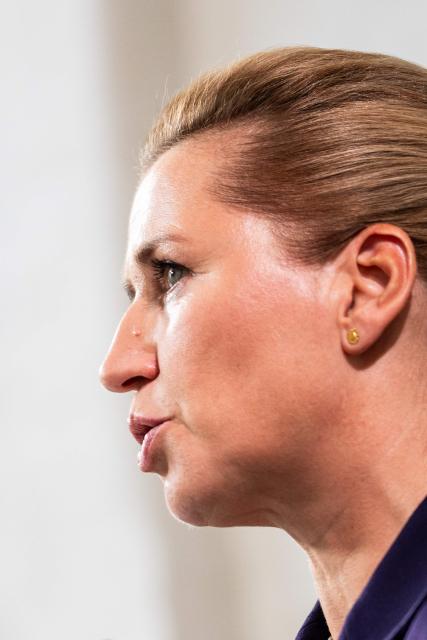 Denmark's Prime Minister Mette Frederiksen speaks to the media following the opening of the Danish Parliament (Folketing) at Christiansborg Palace in Copenhagen, Denmark, on October 6, 2026. (Photo by Emil Nicolai Helms / Ritzau Scanpix / AFP) / Denmark OUT