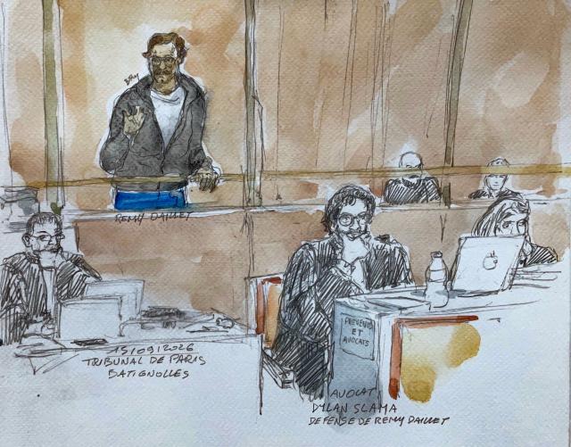 (FILES) This court sketch made on September 15, 2026 shows defendant Remy Daillet (L) during the opening of his trial along with his far-right conspiracist group, held on charges of criminal association in relation to a terrorist enterprise and the 2021 kidnapping of an eight-year-old girl, at the Paris courthouse in the Batignolles district, in Paris. A seven-year prison sentence, with a minimum term of two-thirds, was sought on October 6, 2026 in Paris against Rémy Daillet, the mastermind behind the 2021 abduction of little Mia, who is also suspected of having plotted a coup détat as the leader of a far-right splinter group. (Photo by Benoit PEYRUCQ / AFP)