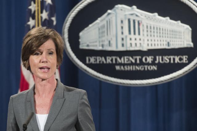 (FILES) Deputy Attorney General Sally Yates speaks during a press conference to announce environmental and consumer relief in the Volkswagen litigation at the Department of Justice in Washington, DC, June 28, 2016. Cornell University on October 6, 2026, named Sally Yates, a former top US prosecutor, to assess the elite college's handling of an alleged 2024 gang rape of a student that has provoked national outrage. The incident, as alleged in a graphic lawsuit filed last month, has drawn accusations that the Ivy League institution in New York state failed to properly punish the men involved. Cornell said that Sally Yates, who served as deputy US attorney general from 2015 to 2017 and briefly led the Justice Department, would conduct a "detailed review" of the university's response to the rape allegations. (Photo by SAUL LOEB / AFP)