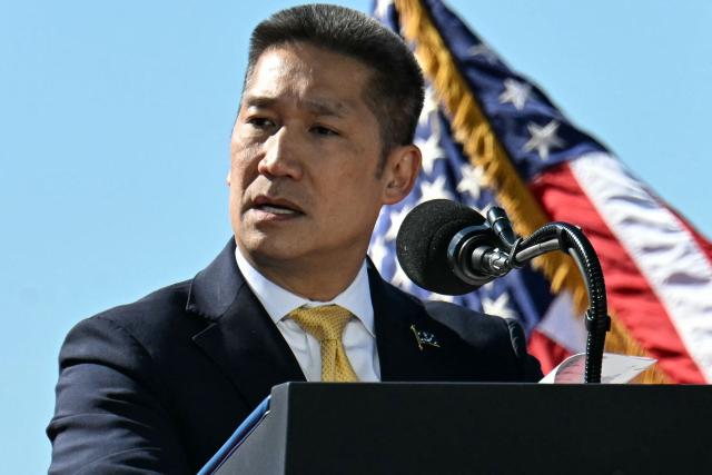 US Acting Secretary of the Navy Hung Cao speaks ahead of President Donald Trump's appearance at Anduril Industries in Sparrows Point, Maryland, on October 6, 2026. Anduril Industries is making an announcement about its future plans at the former Bethlehem Steel location. (Photo by Jim WATSON / AFP)