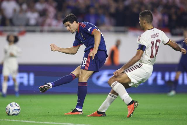 Croatia's forward #20 Igor Matanovic shoots the ball during the UEFA Nations League Group A3 football match between Croatia and Spain at the Poljud stadium in Split on October 6, 2026. (Photo by MARKO PERKOV / AFP)