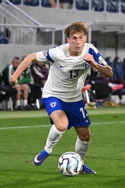 Finland's defender #13 Juho Lahteenmaki controls the ball during the UEFA Nations League Group C1 football match between Belarus and Finland in Budapest, Hungary on October 6, 2026. (Photo by Attila KISBENEDEK / AFP)