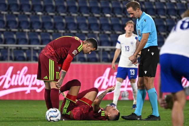 Belarus' forward #17 Vitali Lisakovich (L) and German referee Sascha Stegemann (R) react as Belarus' midfielder#09 Max Ebong Ngome lies on the pitch after a foul during the UEFA Nations League Group C1 football match between Belarus and Finland in Budapest, Hungary on October 6, 2026. (Photo by Attila KISBENEDEK / AFP)