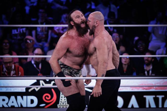 Wrestler Gabe Kidd (R) and wrestler Davis (L) perform during the AEW Grand Slam event at the Adidas Arena in Paris on October 6, 2026. (Photo by Simon WOHLFAHRT / AFP)