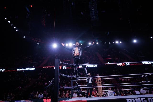 A wrestler performs during the AEW Grand Slam event at the Adidas Arena in Paris on October 6, 2026. (Photo by Simon WOHLFAHRT / AFP)