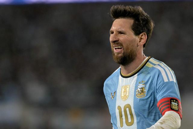 Argentina's forward #10 Lionel Messi gestures during the international friendly football match between Argentina and Benin at the Mas Monumental stadium in Buenos Aires on October 6, 2026. (Photo by JUAN MABROMATA / AFP)