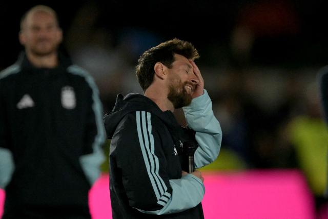 Argentina's forward #10 Lionel Messi gestures as he speaks following the international friendly football match between Argentina and Benin at the Mas Monumental stadium in Buenos Aires on October 6, 2026. (Photo by JUAN MABROMATA / AFP)