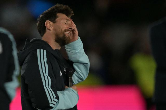 Argentina's forward #10 Lionel Messi gestures as he speaks following the international friendly football match between Argentina and Benin at the Mas Monumental stadium in Buenos Aires on October 6, 2026. (Photo by JUAN MABROMATA / AFP)
