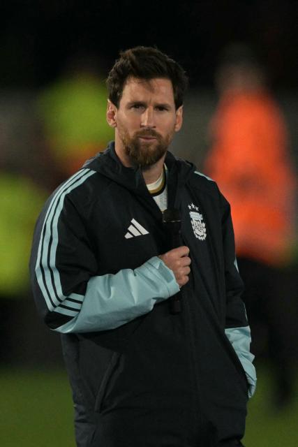 Argentina's forward #10 Lionel Messi speaks following the international friendly football match between Argentina and Benin at the Mas Monumental stadium in Buenos Aires on October 6, 2026. (Photo by JUAN MABROMATA / AFP)