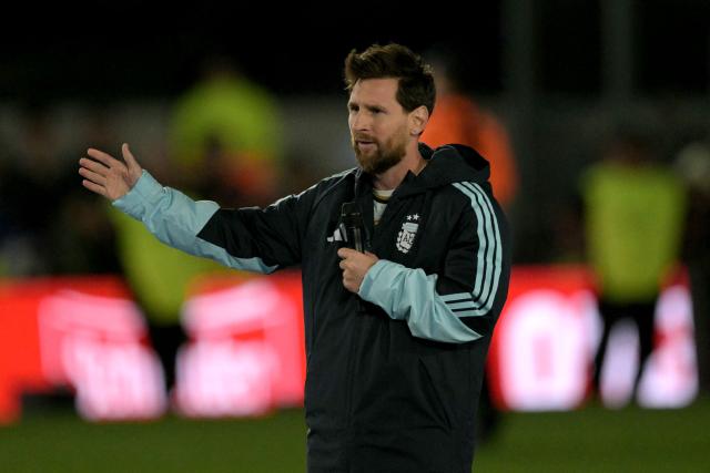 Argentina's forward #10 Lionel Messi speaks following the international friendly football match between Argentina and Benin at the Mas Monumental stadium in Buenos Aires on October 6, 2026. (Photo by JUAN MABROMATA / AFP)