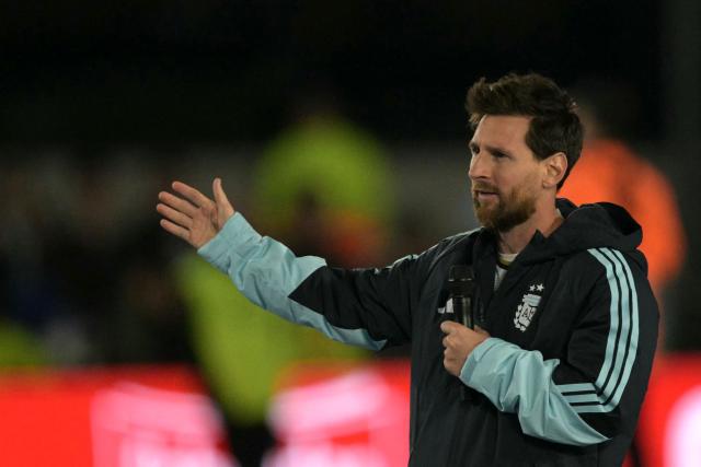 Argentina's forward #10 Lionel Messi speaks following the international friendly football match between Argentina and Benin at the Mas Monumental stadium in Buenos Aires on October 6, 2026. (Photo by JUAN MABROMATA / AFP)