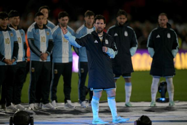 Argentina's forward #10 Lionel Messi speaks following the international friendly football match between Argentina and Benin at the Mas Monumental stadium in Buenos Aires on October 6, 2026. (Photo by JUAN MABROMATA / AFP)