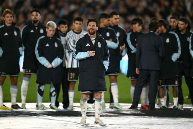 Argentina's forward #10 Lionel Messi speaks following the international friendly football match between Argentina and Benin at the Mas Monumental stadium in Buenos Aires on October 6, 2026. (Photo by Luis ROBAYO / AFP)