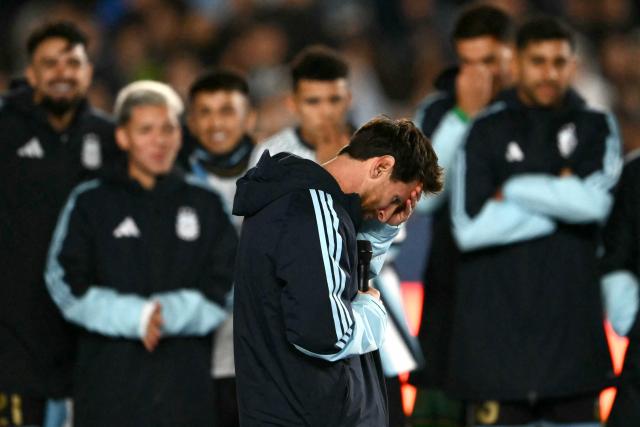 Argentina's forward #10 Lionel Messi gestures as he speaks following the international friendly football match between Argentina and Benin at the Mas Monumental stadium in Buenos Aires on October 6, 2026. (Photo by Luis ROBAYO / AFP)