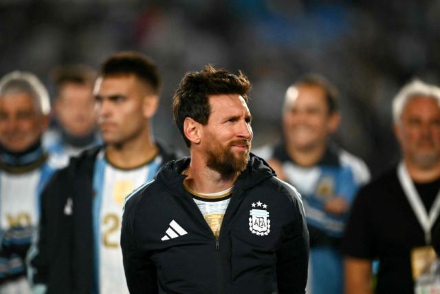 Argentina's forward #10 Lionel Messi reacts in a tribute after the international friendly football match between Argentina and Benin at the Mas Monumental stadium in Buenos Aires on October 6, 2026. (Photo by Luis ROBAYO / AFP)