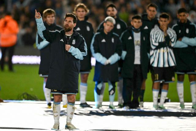 Argentina's forward #10 Lionel Messi speaks following the international friendly football match between Argentina and Benin at the Mas Monumental stadium in Buenos Aires on October 6, 2026. (Photo by Luis ROBAYO / AFP)