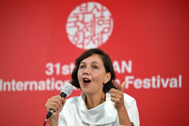US actress and filmmaker Maggie Gyllenhaal speaks during a press conference for her film "Flesh Impact" at the 31st Busan International Film Festival (BIFF) at the Busan Cinema Center in Busan on October 7, 2026. (Photo by Jung Yeon-je / AFP)