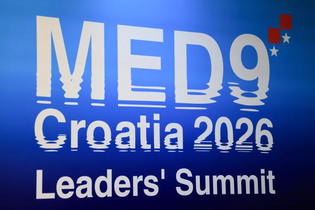 This photograph shows the logo of the MED9 summit in Split on October 7, 2026, where the leaders of nine EU nations and invited leaders are gathering. (Photo by Ludovic MARIN / AFP)