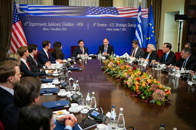 US Secretary of State Marco Rubio (C,L) and Greek Foreign Minister George Gerapetritis (C,R) give a press conference the opening Session of the U.S.-Greece Strategic Dialogue at the Ministry of Foreign Affairs in Athens, on October 7, 2026. (Photo by Aris MESSINIS / AFP)