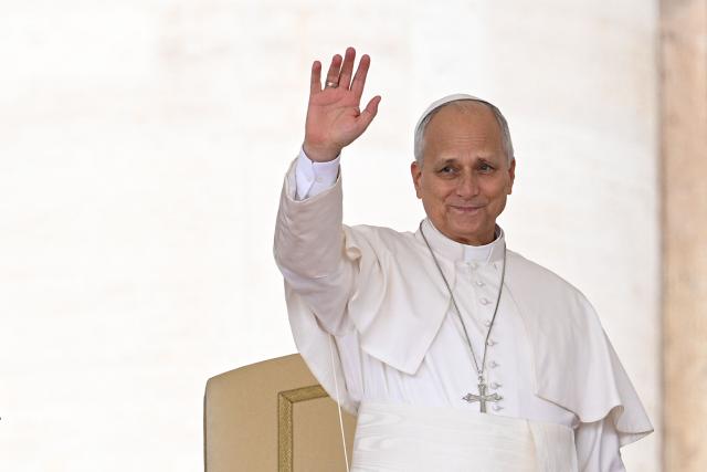 Pope Leo XIV waves to the crowd at the start of his weekly general audience at St Peter's Square in the Vatican on October 7, 2026. (Photo by Andreas SOLARO / AFP)