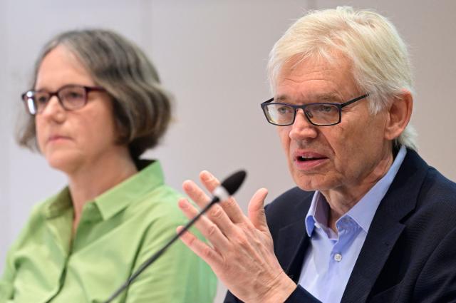 (L-R) University President Julia von Blumenthal and 2026 Nobel Prize laureate in Medicine, German scientist Peter Hegemann address the media at the Humboldt University in Berlin on October 7, 2026. The Nobel medicine prize was awarded on October 5 to US psychiatrist and neurologist Karl Deisseroth and German scientists Peter Hegemann and Georg Nagel for their pioneering work in the neuroscience field of optogenetics. (Photo by John MACDOUGALL / AFP)