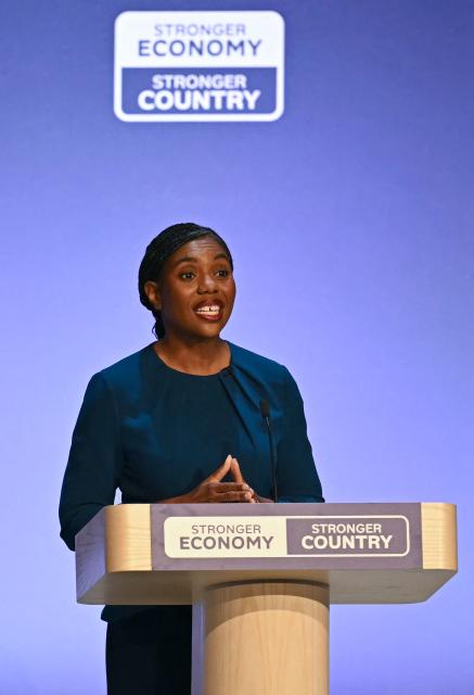 Britain's main opposition Conservative Party leader Kemi Badenoch addresses delegates on the final day of the annual Conservative Party conference in Birmingham, central England, on October 7, 2026.  (Photo by Paul ELLIS / AFP)