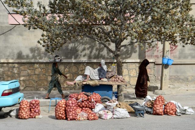 An Afghan vendor selling vegetables rests as he waits for customers along a street in Mazar-i-Sharif on October 7, 2026. (Photo by Atif ARYAN / AFP)