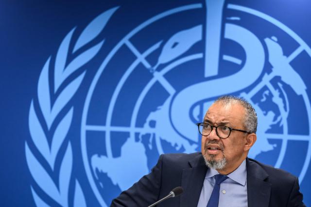 World Health Organization (WHO) Director-General Tedros Adhanom Ghebreyesus looks on during a press conference on global health issues, in Geneva, on October 7, 2026. The WHO said it wanted more information from Russia on the death of a plague laboratory technician -- and on reports of "a second employee with pneumonia of undetermined cause". WHO's chief said full transparency was needed in order to make a proper assessment of the public health risk. (Photo by Fabrice COFFRINI / AFP)