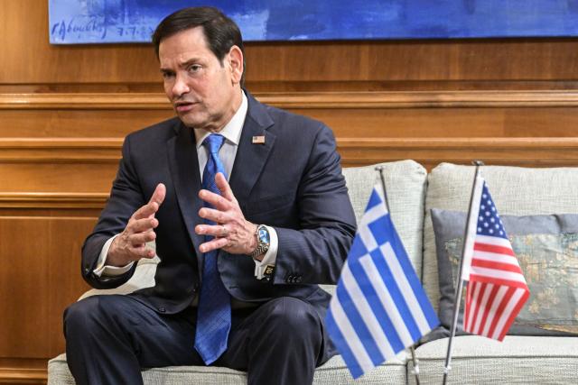 U.S. Secretary of State Marco Rubio speaks with Greek Prime Minister (not pictured) in Athens on October 7, 2026. (Photo by Aris MESSINIS / POOL / AFP)