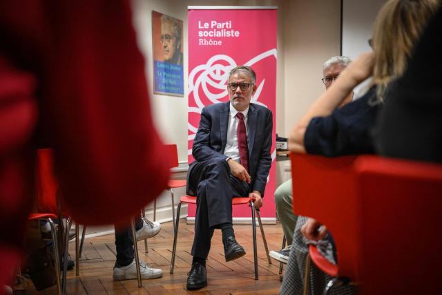 Candidate in the Socialist (PS) and centre-left Place Publique (PP) parties primary ahead of France's 2027 presidential election Olivier Faure participates in an exchange with activists at the Rhone Federation in Lyon, central-eastern France on October 7, 2026. (Photo by OLIVIER CHASSIGNOLE / AFP)