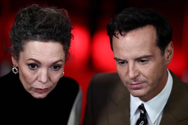 British actor Olivia Colman and Irish actor Andrew Scott listen during an interview with media on the red carpet upon arrival to attend the premiere of the film "Elsinore" at the Royal Festival Hall in London, October 7, 2026, during the BFI London Film Festival. (Photo by Henry NICHOLLS / AFP)