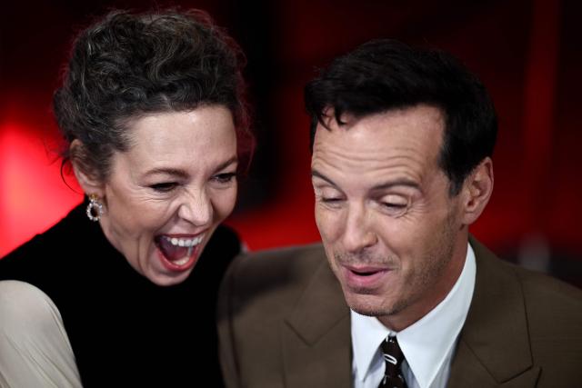 British actor Olivia Colman and Irish actor Andrew Scott react during an interview with media on the red carpet upon arrival to attend the premiere of the film "Elsinore" at the Royal Festival Hall in London, October 7, 2026, during the BFI London Film Festival. (Photo by Henry NICHOLLS / AFP)