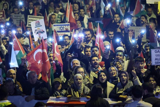 Demonstrators chant slogans against Israeli Prime Minister Benjamin Netenyahu as they take part in a pro-Palestinian march in Ankara on October 7, 2026 on the third anniversary of Hamas' 2023 attacks against Israel known as "Operation Aqsa Flood". (Photo by Adem ALTAN / AFP)