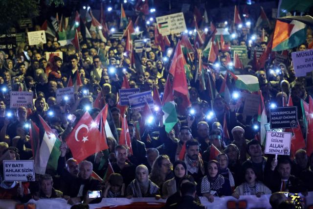 Demonstrators chant slogans against Israeli Prime Minister Benjamin Netenyahu as they take part in a pro-Palestinian march in Ankara on October 7, 2026 on the third anniversary of Hamas' 2023 attacks against Israel known as "Operation Aqsa Flood". (Photo by Adem ALTAN / AFP)