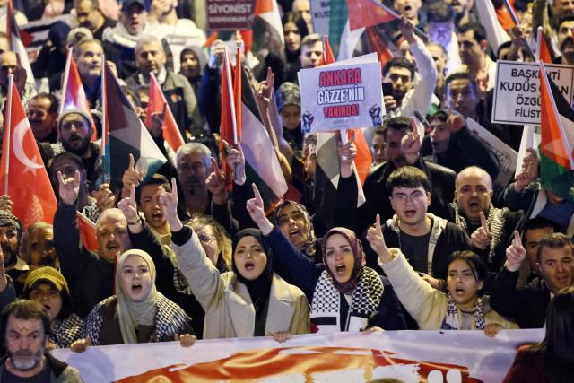 Demonstrators chant slogans against Israeli Prime Minister Benjamin Netenyahu as they take part in a pro-Palestinian march in Ankara on October 7, 2026 on the third anniversary of Hamas' 2023 attacks against Israel known as "Operation Aqsa Flood". (Photo by Adem ALTAN / AFP)