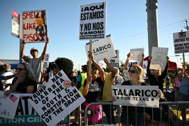 Protestors rally against US President Donald Trump outside of Freeman Coliseum, where Trump is speaking at a campaign rally, in San Antonio, Texas, on October 7, 2026. Republican Senate candidate Ken Paxton is in a close race with Democratic candidate James Talarico for one of Texas' US Senate seats. (Photo by RONALDO SCHEMIDT / AFP)