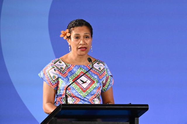 Fiji’s Minister for Information, Environment and Climate Change Lynda Tabuya speaks during a joint press conference at the Pacific Pre-COP31 Summit in Nadi, Fiji on October 8, 2026. This week's "pre-COP" meetings in the Fijian city of Nadi are a precursor to the larger UN-sponsored global climate summit -- known as COP31 -- to be held in Turkey next month. (Photo by Saeed KHAN / AFP)