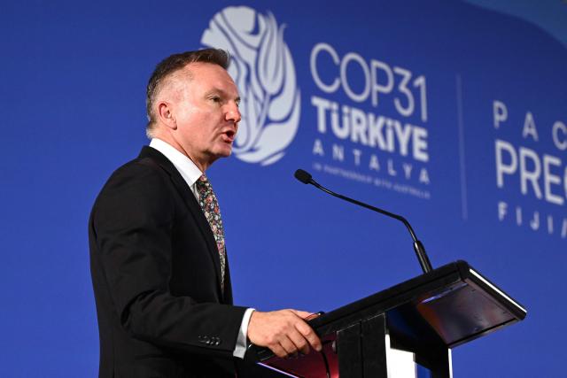 Chris Bowen, Australia’s Minister for Climate Change and Energy, attends a joint press conference during the Pacific Pre-COP31 Summit in Nadi, Fiji on October 8, 2026. This week's "pre-COP" meetings in the Fijian city of Nadi are a precursor to the larger UN-sponsored global climate summit -- known as COP31 -- to be held in Turkey next month. (Photo by Saeed KHAN / AFP)