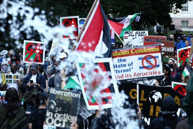 Pro Palestine demonstrators march during an anti-Israel protest in New York, on October 7, 2026. (Photo by CHARLY TRIBALLEAU / AFP)