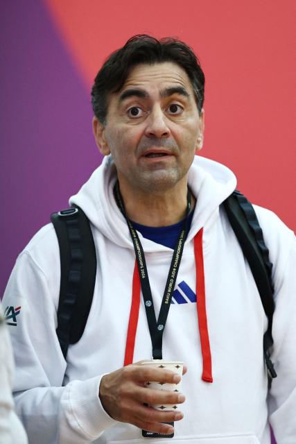 President of the French Judo Federation Stephane Nomis looks on during a warm-up session at the World Judo Championships in Baku on October 7, 2026. (Photo by Anne-Christine POUJOULAT / AFP)