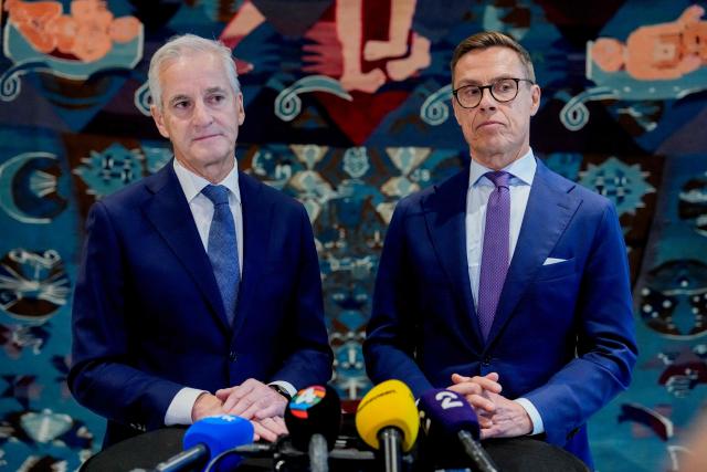Norway's Prime Minister Jonas Gahr Støre (L) and Finnish President Alexander Stubb address a press conference during a meeting at the Norwegian Prime Minister's Office in Oslo on October 8, 2026. (Photo by Ole Berg-Rusten / NTB / AFP) / Norway OUT