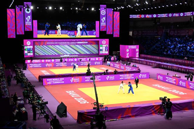 Athletes compete during the World Judo Championships in Baku on October 8, 2026. (Photo by Alexander NEMENOV / AFP)