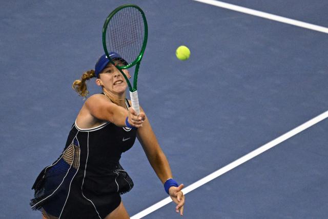Russia’s Mirra Andreeva hits a return to Russia’s Ekaterina Alexandrova during their women’s singles quarter-final at the China Open tennis tournament in Beijing on October 8, 2026. (Photo by Pedro Pardo / AFP)
