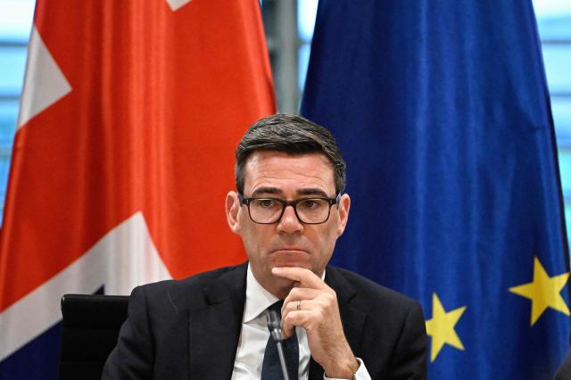 British Prime Minister Andy Burnham takes part in a Business forum at the Chancellery in Berlin on October 8, 2026 . (Photo by Tobias SCHWARZ / AFP)
