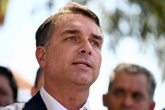 Brazil's right-wing senator and Liberal Party (PL) presidential candidate Flavio Bolsonaro speaks during a meeting with political party representatives to seek support ahead of the presidential run-off election, in Brasilia on October 8, 2026. (Photo by Evaristo Sa / AFP)